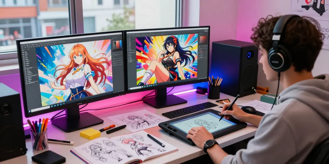 Creating vibrant ecchi ai art in a lively digital studio with colorful lighting