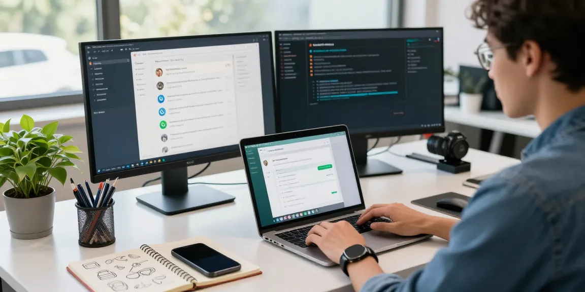 Engaged individual using WhatsApp下載 in a vibrant tech workspace, showcasing productivity with dual screens.