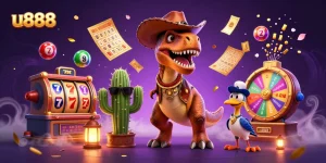 Experience thrilling slots and jackpots at u888 with cartoon dino, cactus, and roadrunner!