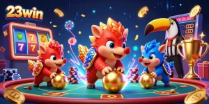 Engage in thrilling games at 23win with vibrant pangolins bowling through slots and poker chips.