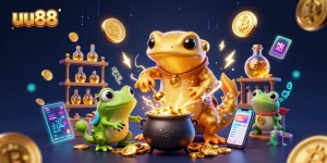Experience the enchanting world of uu88 with a golden salamander alchemist turning metals into coins amidst a magical atmosphere.