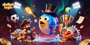 Engage with sbobet login through a dynamic scene of an anglerfish, pirate shrimp, and treasure snail amidst vibrant sports elements.