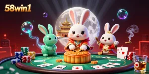 Engage with the exciting world of 58win1 at this vibrant casino scene featuring poker and lunar themes.