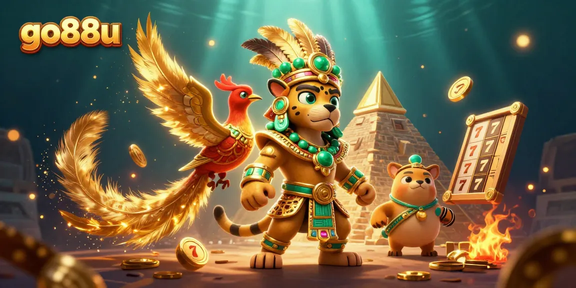 Experience go88u with a dynamic casino scene featuring a Mayan jaguar priest and golden treasures.