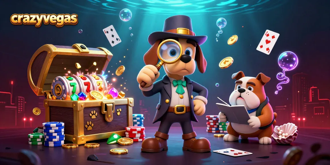 Engage with crazyvegas as a detective duo investigates a golden poker chip clue amidst vibrant casino elements.