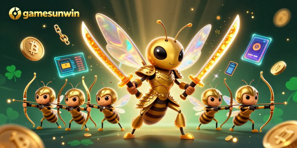 Win big at gamesunwin while battling with a giant golden hornet and crypto treasures in a vibrant casino scene.