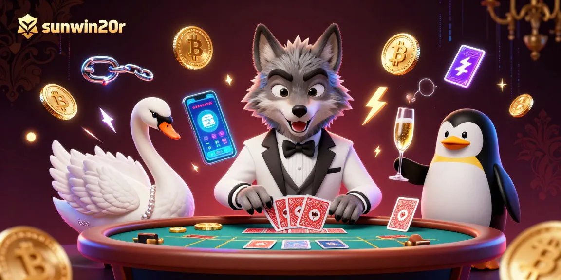 Play at sunwin20r with a charming wolf and swan at a casino table, showcasing luxury.